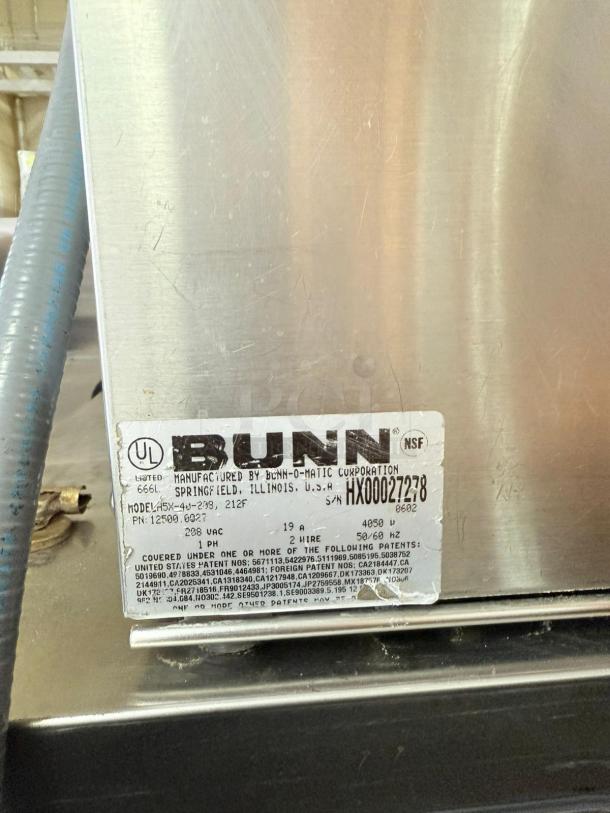 BUNN H5X-4-29-212F hot water dispenser, excellent condition, 208V, fully tested, with visible label and serial number.