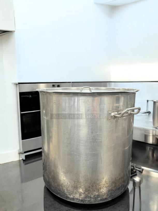 Stainless steel, large capacity stock pot with lid, heavy-duty. Excellent condition, fully tested, sturdy handles.