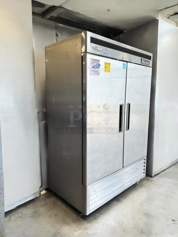 Turbo Air MSR-49NM double door commercial fridge, excellent condition, 115V, tested and working, stickers on front.