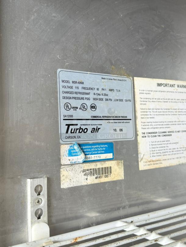 Turbo Air MSR-49NM commercial refrigerator label; 115V, fully tested. Shows model, voltage, and UL certification.