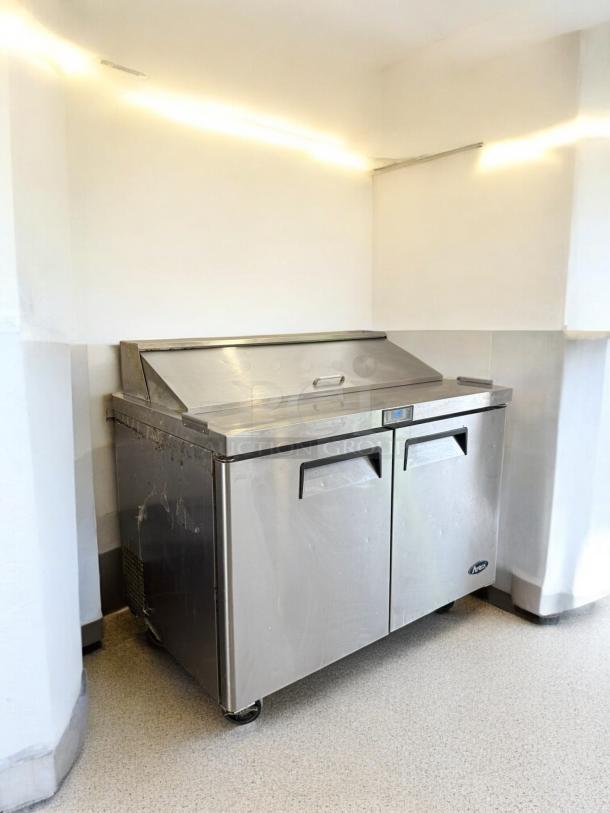 Turbo Air MSR-49NM prep table refrigerator, excellent condition, stainless steel, 115V, fully tested, two doors, commercial use.