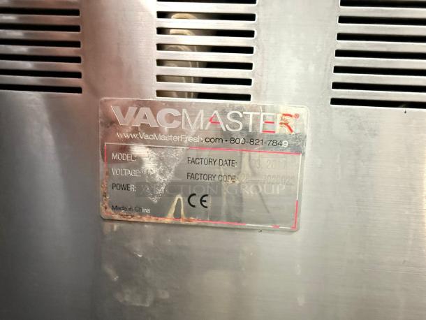 VacMaster VP Series vacuum packaging machine label showing model, voltage, and factory date in excellent condition.