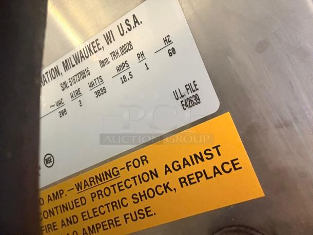 Hatco Toast-Rite Conveyor Toaster label showing model TRH.00028, 208V, 3838 watts, in excellent condition.