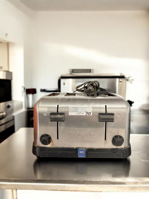 Waring Commercial 4-Slot Toaster, excellent condition, model 120V, fully tested. Features NSF label and "Lot #70" tag.