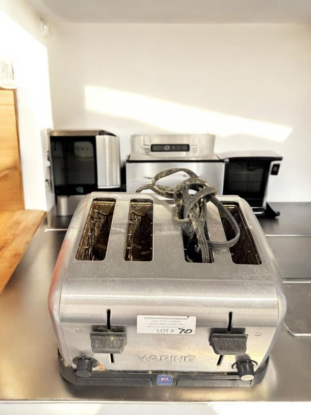 Waring Commercial 4-Slot Toaster in excellent condition, 120V, fully tested, with visible NSF label and Lot #70 tag.