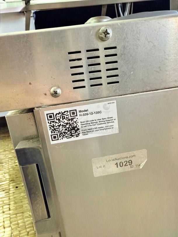 Cres Cor H-339-12-135C Hot Holding Cabinet, excellent condition, 120V, visible model label, lot 1029 tag.