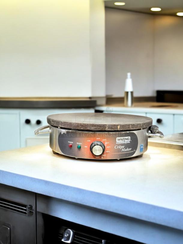 Waring Commercial Crepe Maker, model WSC160, excellent condition, 120V, fully tested, on a kitchen counter.