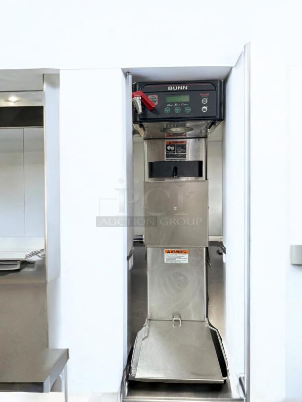 Bunn Infusion Series Digital Coffee Brewer, 120V, excellent condition, stainless steel, fully tested, warning label visible.