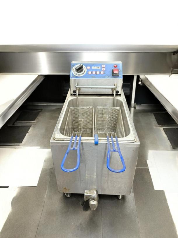 Globe double-basket countertop electric fryer, 120V, excellent condition, tested and working, stainless steel, blue handles.