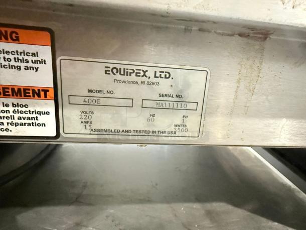 Alt text: Equipex 400E electric crepe maker, 220V, model label showing serial MA111110. Excellent condition, fully tested.