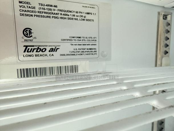 Turbo Air TSU-4RW-N6 undercounter refrigerator label, excellent condition, 120V, tested and working, model specifications shown.