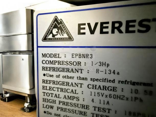 Everest EPBNR3 3-Door Refrigerated Sandwich Prep Table, excellent condition, 115V, fully tested, visible model details.