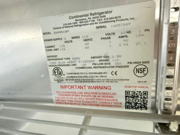 Continental SW48BN18M 48" undercounter refrigerator label, showing model details, power specifications, and safety warnings.