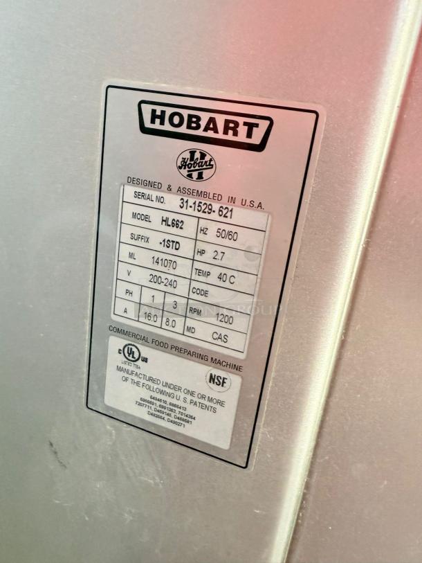 Hobart HL662 Planetary Mixer label, model HL662 (-1STD), 200-240V, excellent condition, fully tested, 2.7 HP.