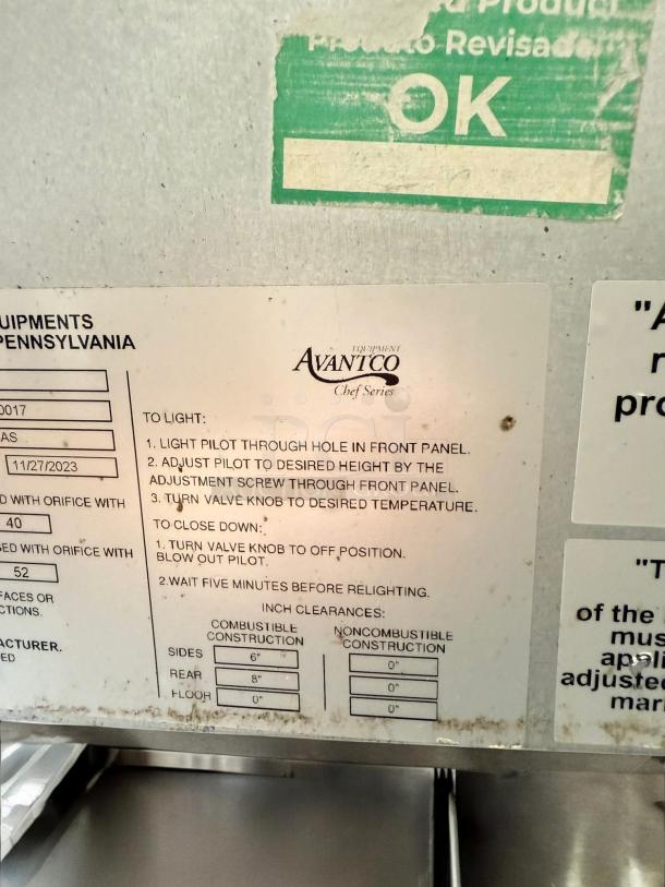 Avantco Chef Series Lava Rock Charbroiler label shows installation and lighting instructions, indicating natural gas use.