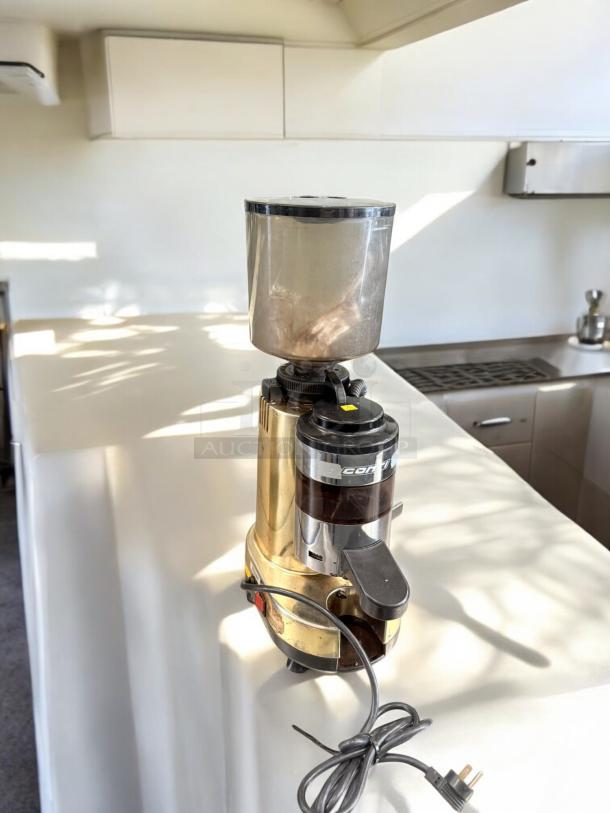 GOTT Commercial Coffee Grinder, excellent condition, 120V, fully tested, black and gold design with visible power cord.