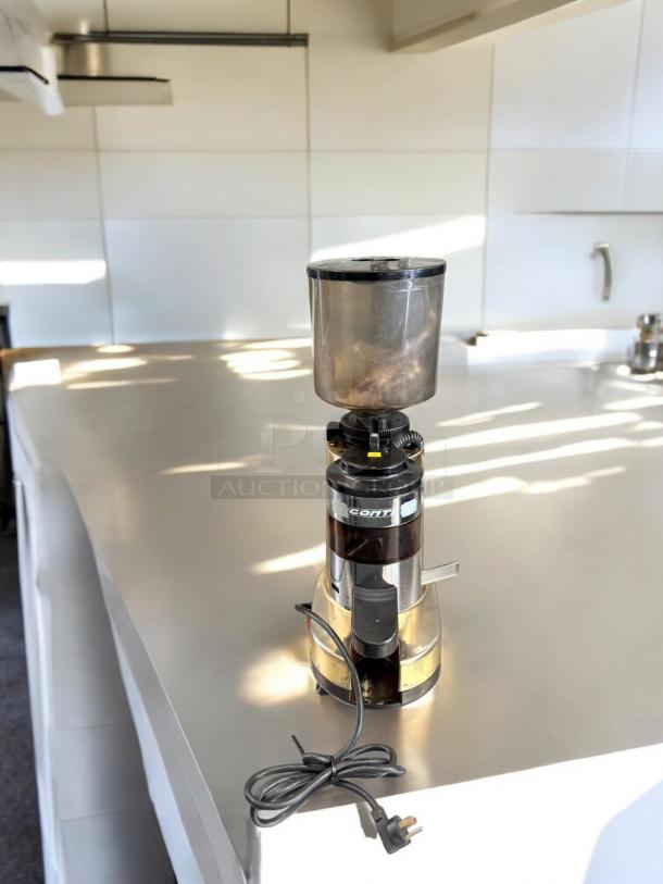 GOTT Commercial Coffee Grinder in excellent condition, 120V, fully tested and working, sleek design, visible plug.