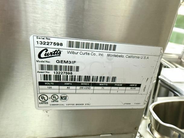 Curtis GEM-3IF IntelliFresh Commercial Coffee Brewer in excellent condition; 120V, fully tested, model label visible.