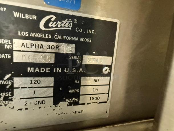 Curtis ALPHA 3DR coffee brewer label, 120V, serial 3744, model ALPHA 3DR, 1800 watts, excellent condition, fully tested.