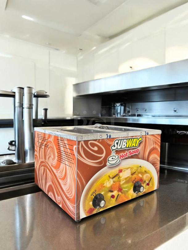 Duke CSW-2-T-AM 2-well electric soup warmer, excellent condition, 120V, fully tested, Subway branding, countertop design.