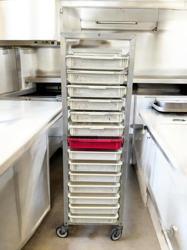 Aluminum dough proofing rack with trays, excellent condition, fully tested, model for commercial use.
