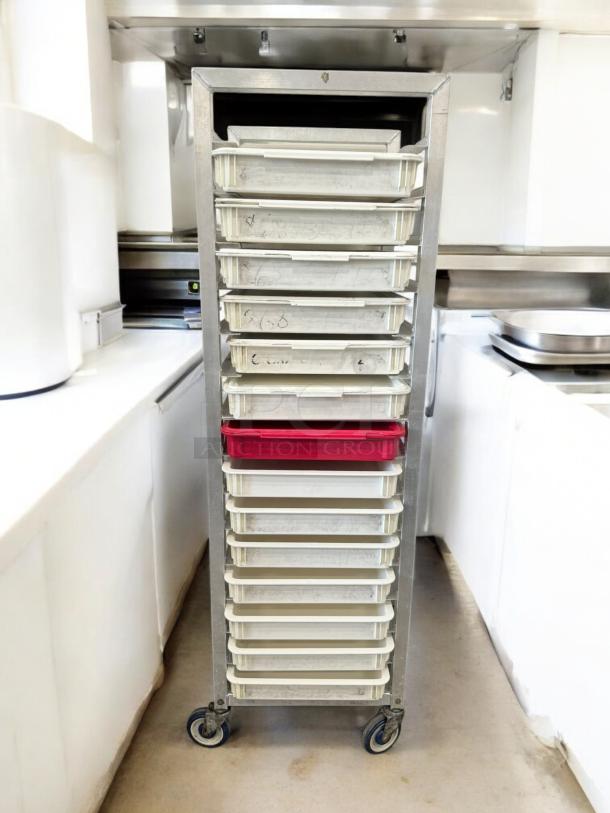 Commercial dough proofing rack with trays, aluminum, excellent condition, tested and working. Model includes sheet pan rack.