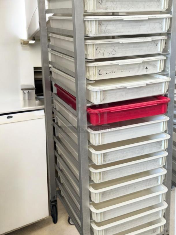 Commercial aluminum dough proofing rack with multiple trays, excellent condition, fully tested and working.