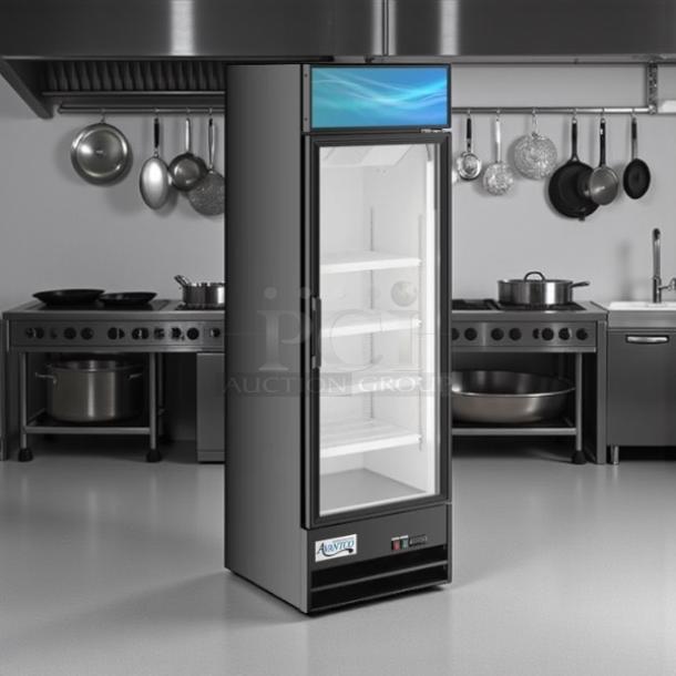 Avantco GDC-15-HC merchandiser refrigerator with glass door, black finish, LED lighting, fully tested, excellent condition.