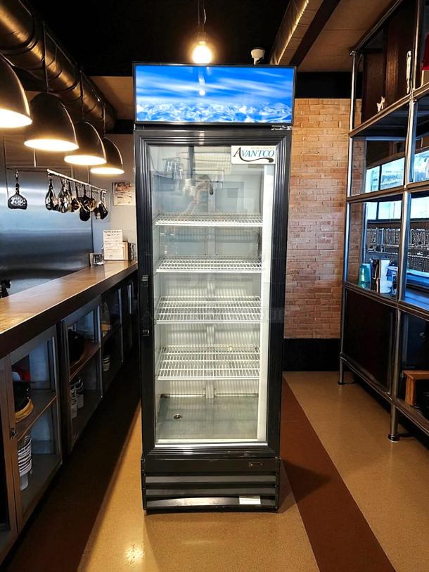 Avantco GDC-15-HC merchandiser refrigerator, 25 5/8" black, swing glass door, LED lighting, fully tested and working.