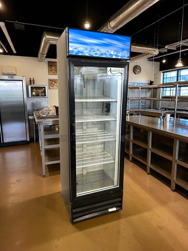 Avantco GDC-15-HC merchandiser refrigerator, black, swing glass door, LED lighting, fully tested, excellent condition.