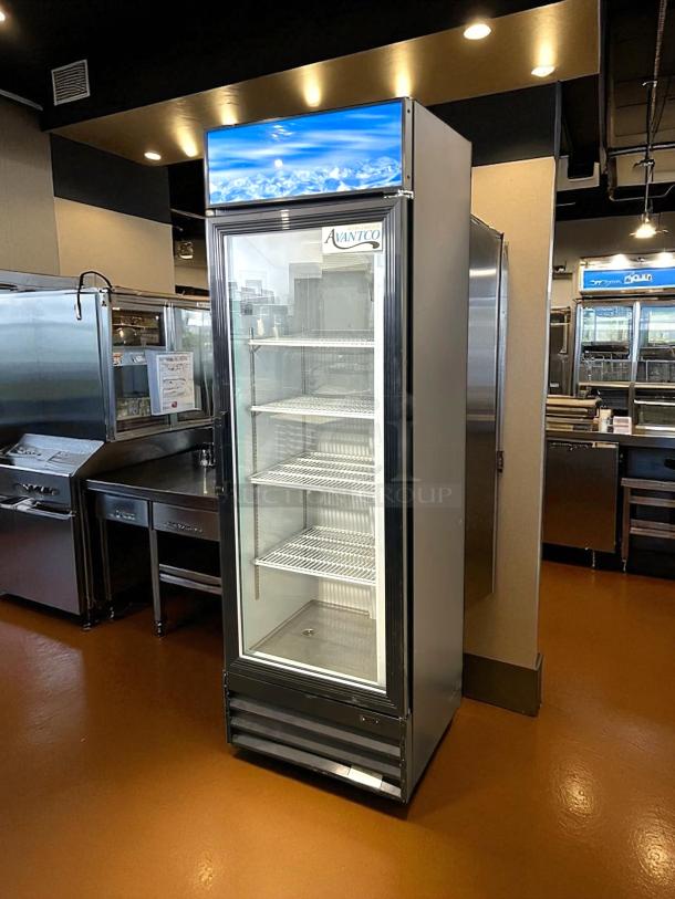 Avantco GDC-15-HC black glass door merchandiser refrigerator with LED lighting, customizable display, fully tested and working.