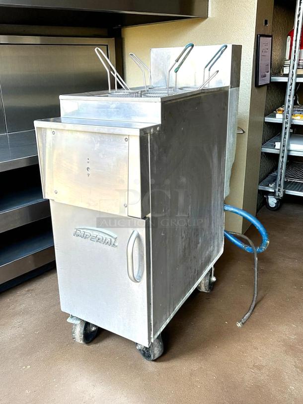 Imperial IPC-14 12 Gallon Stainless Gas Pasta Cooker in amazing condition, fully tested, with four baskets, on wheels.