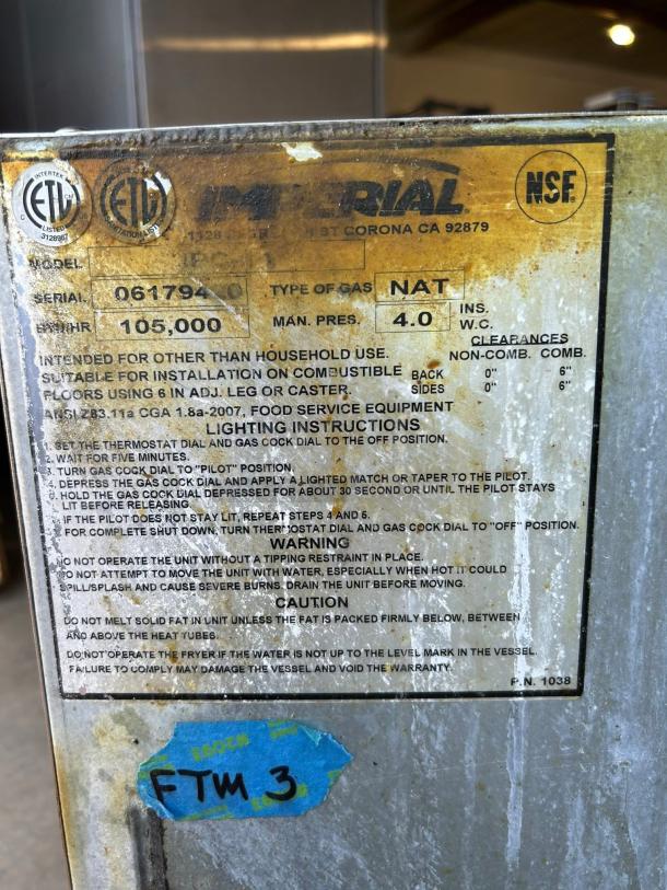 Imperial IPC-14 gas pasta cooker, 12-gallon, stainless steel, excellent condition, tested and working, with instruction label.