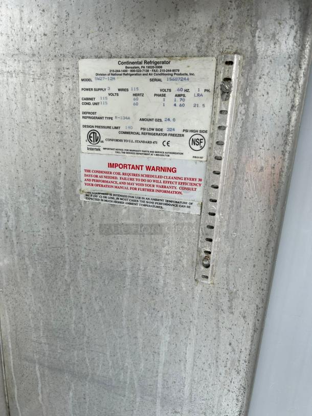 Continental SW27-12M Mighty Top, 27" sandwich prep unit label. Fully tested, working condition details and warning.