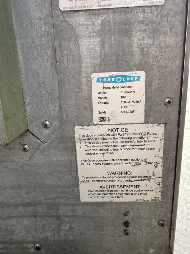 TurboChef I3-TC microwave convection oven, excellent condition, model NGC, 208v/1ph, tested, compliance and warning labels visible.