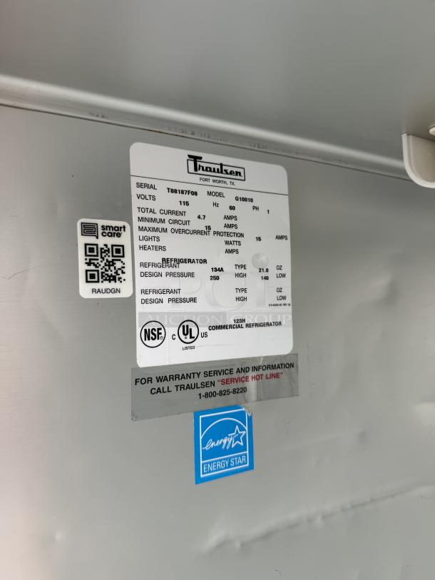 Traulsen G10010 30" G Series refrigerator internal label showing model info, serial number, and Energy Star certification.
