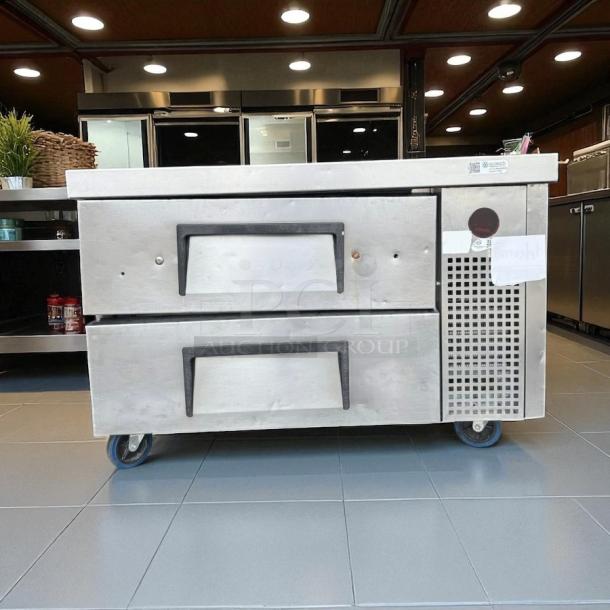 True TRCB-36-HC 36" Low Boy Chef Base Cooler with 2 drawers, stainless steel, on wheels, great condition.