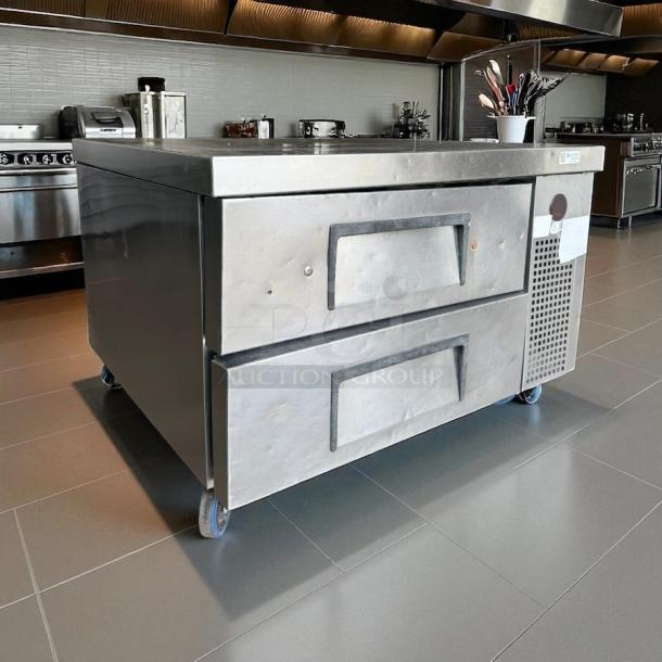 True TRCB-36-HC low boy chef base cooler, 36" wide, 2 drawers, stainless steel, wheels, tested and working, great condition.