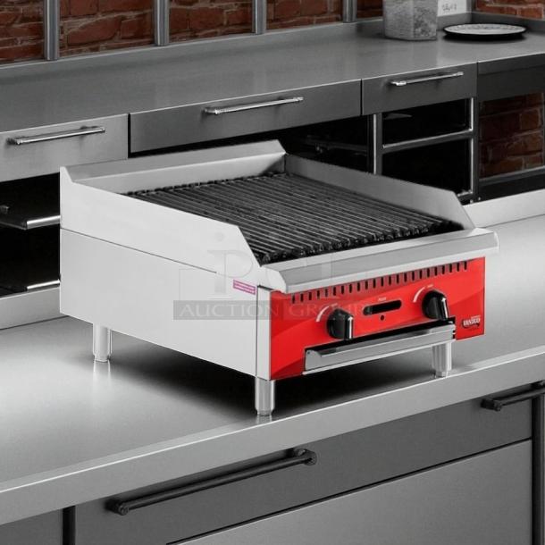 Like New Avantco Model 177 CAG-24-RC 24" Gas Charbroiler on stainless steel counter; tested and working condition.
