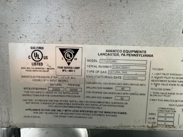 Avantco CAG-24-RC 24” gas charbroiler, like new condition, UL listed, natural gas, serial #679047000017, made in Brazil.