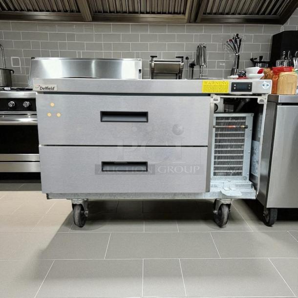 Delfield 36” Chef Base, Model 1709150000704, stainless steel, two-drawer, tested and working, visible warning label.