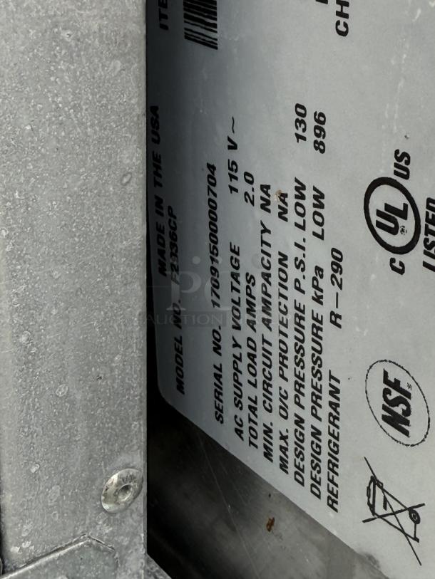 Delfield 36” Chef Base, Model 1709150000704, AC 115V, 2.0 amps, NSF certified, UL listed, R-290 refrigerant.