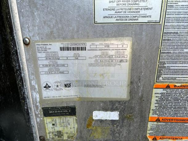 Label on Pitco VF-35S gas fryer showing model, serial number G20MC057678, 35 lb capacity, 70,000 BTU, NSF certified.
