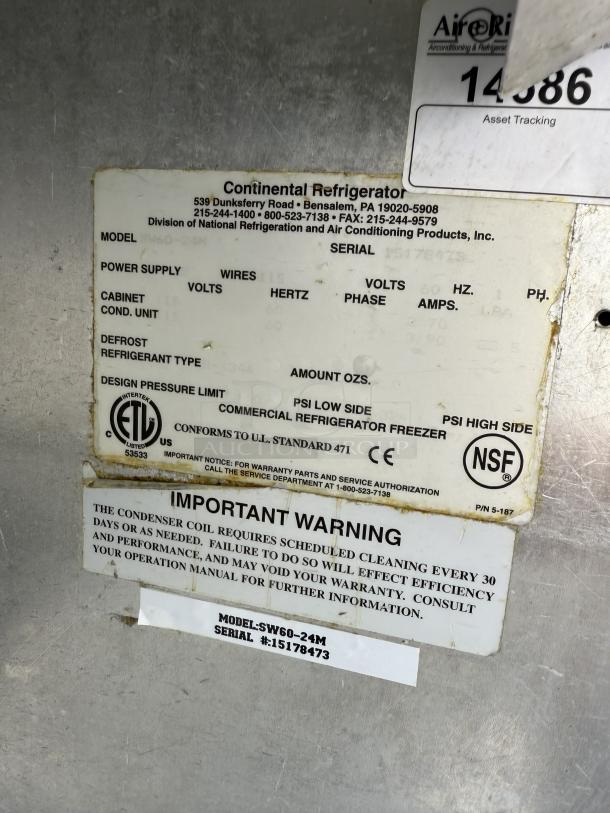 Continental SW60N24M label showing model and serial number, power supply specs, and maintenance warning. NSF certified.