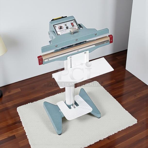 ULINE H-89 foot-operated impulse sealer, 18-inch, fully tested and working, with control panel, on wood laminate floor.