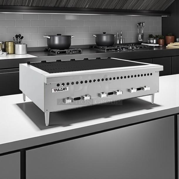 Vulcan 36" gas countertop charbroiler, excellent condition, natural gas, fully tested, stainless steel, pristine surface.