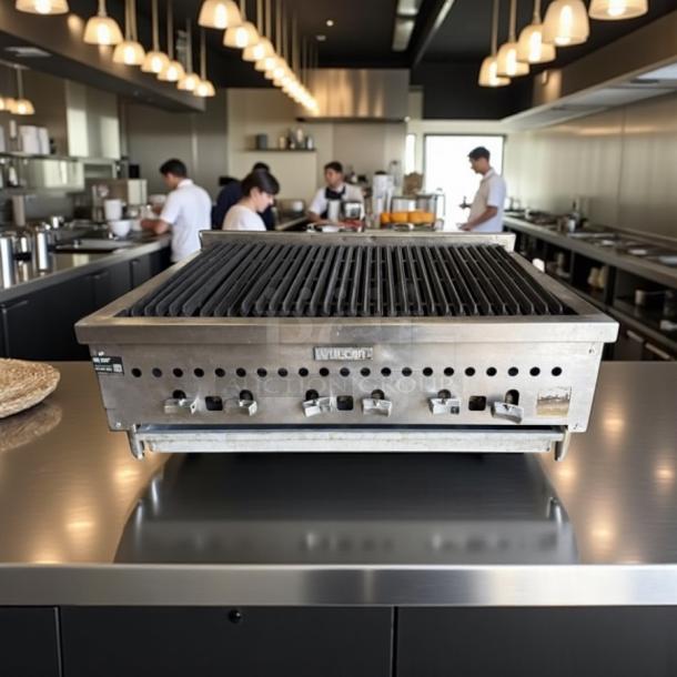 Vulcan 36" gas countertop charbroiler, natural gas, excellent condition, fully tested, with control knobs and branding visible.