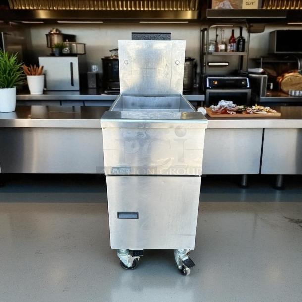 Pitco VF-35S gas fryer, excellent condition, 35 lb vat, floor model, natural gas, stainless steel, on casters, fully tested.