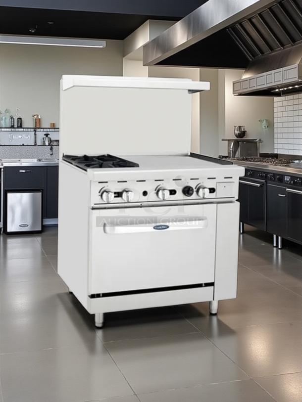 Atosa AGR-2B24GR CookRite 36" gas range with two burners, 24" griddle, and oven. Tested and working, excellent condition.
