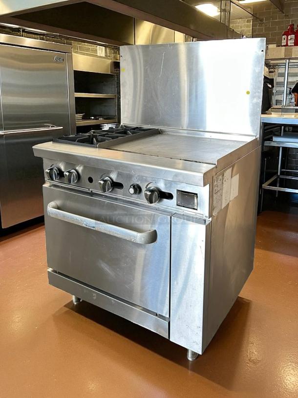 Atosa AGR-2B24GR CookRite 36" gas range, 2 burners, 24" griddle, oven, stainless steel, tested and working, good condition.
